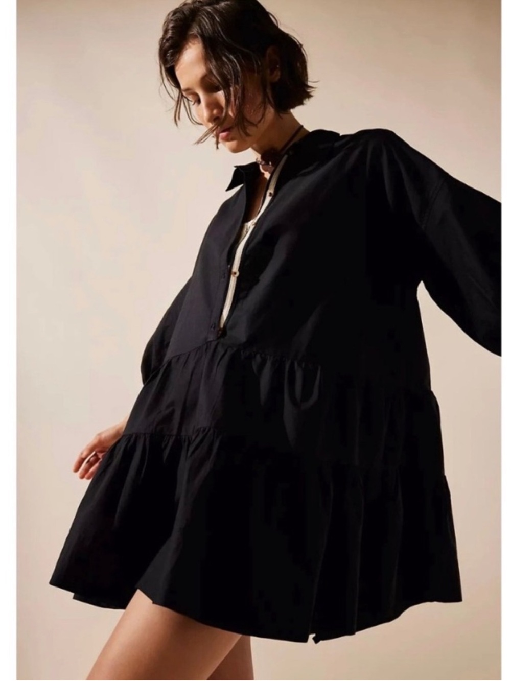 Free People Misha Button Up Mini Shirt Dress Large L Black